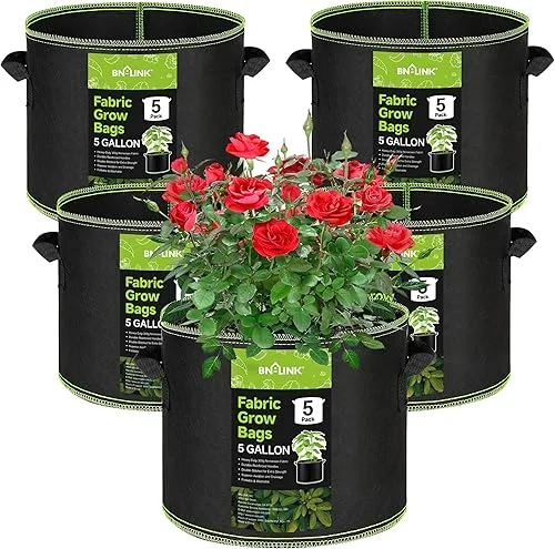 BN-LINK 5-Pack 5 Grow Bags 300G Thickened Nonwoven Plant Fabric Pots with Handles，Grow Pots, Garden Plant Bags, Heavy Duty Plant Grow Bags Fruits, Vegetables and Flowers