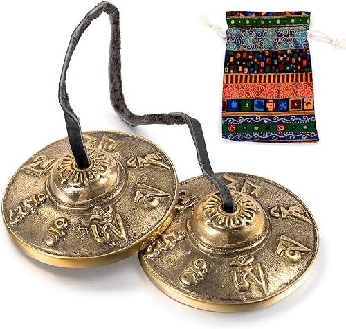 Boao Tibetan Tingsha Cymbals Meditation Chime Bells with Tibetan Drawstring Cloth Bag, 6.3 cm Meditation Chime Bells, for Percussion Instrument(Om Mane Padme Hum Symbols Embossed)