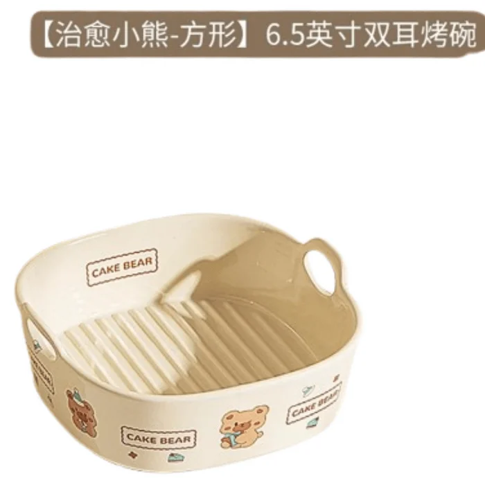 Bowl Microwave Oven Baking Plate Ceramic Plate Baking Bowl 6.5 Inch Healing Bear-Square 1 Piece