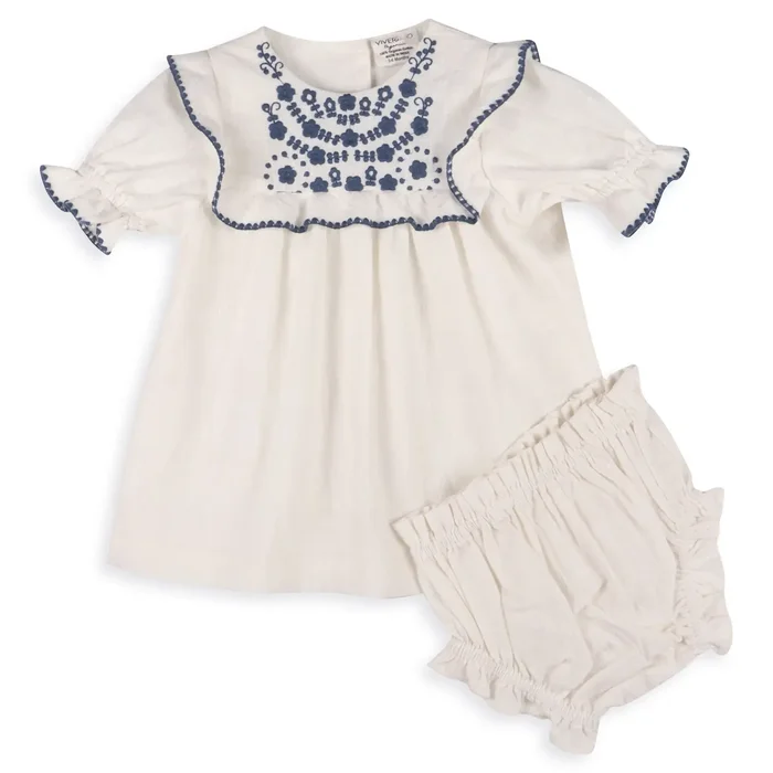 Cadence Floral Embroidered Baby Dress + Bloomer (Organic) Coconut Milk