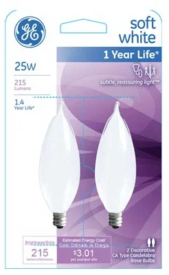 Candelabra Light Bulb, Bent-tip, Frosted, 25 Watt, 2-pk.