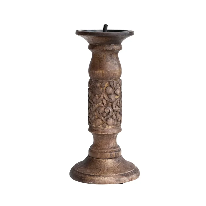 Carved Wood Candle Holder – 5.0″L x 5.0″W x 10.0″H