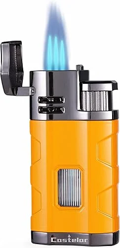 Castelar Torch Lighter Triple Jet Flame Refillable Butane Lighter with Punch Rest Holder – Butane Not Included (Yellow)