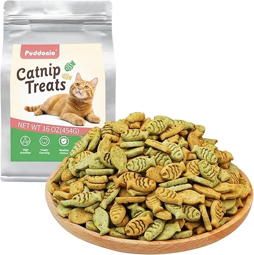 Catnip Cat Treats, Chicken and Salmon Flavor Cat Snacks, Training Biscuits Treats for Cats, Crunchy Fish Shape Adult Cat Biscuits, 16 oz