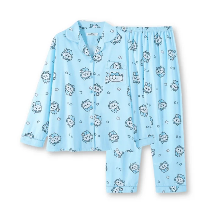 Chiikawa Pajamas Long Sleeve Cute Cartoon Student/Couple Home Wear Set Blue-Size M 1Pc