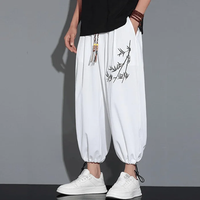 Chinese Style Bamboo Embroidered Loose Wide-leg Harem Pants for Men White M
