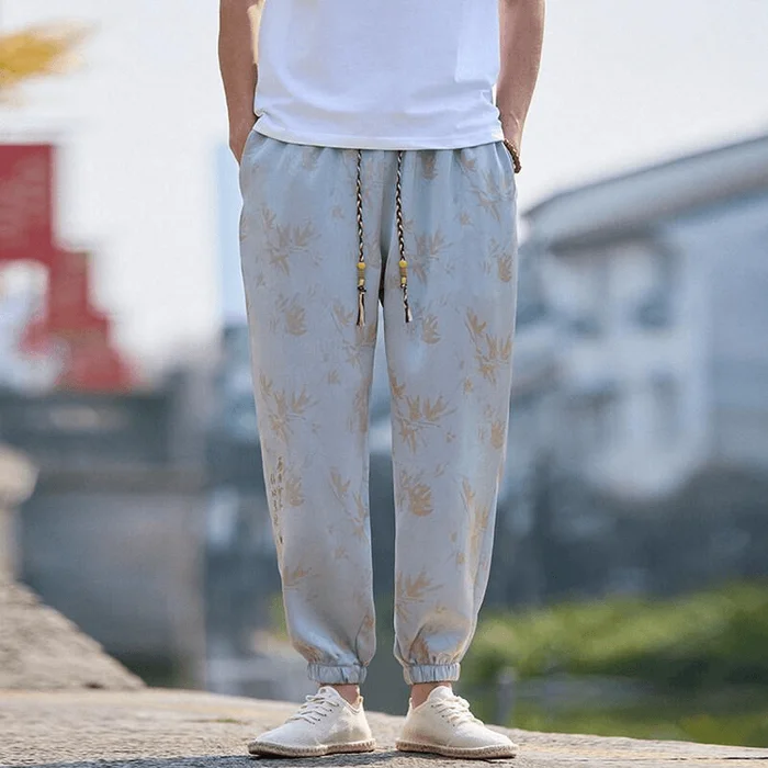 Chinese Style Bamboo Print Silk Loose Harem Cuffed Pants Grey L