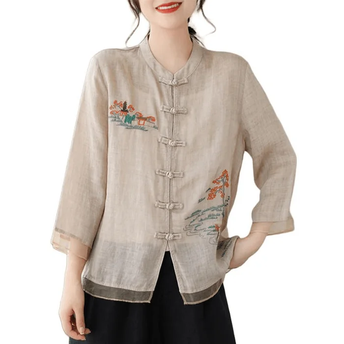 Chinese Style Cotton and Linen Embroidered Knot Button Blouses Shirt Beige M