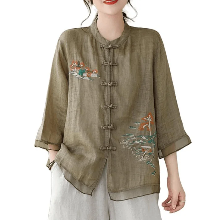 Chinese Style Cotton and Linen Embroidered Knot Button Blouses Shirt Navy XL