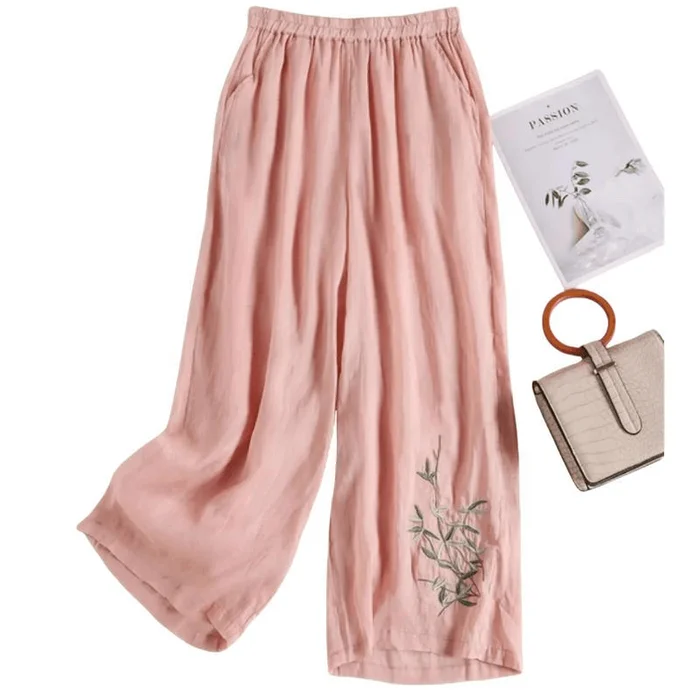 Chinese Style Cotton and Linen Embroidered Loose Wide-leg Pants Casual Pants Pink 2XL
