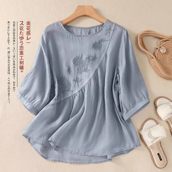 Chinese Style Cotton and Linen Embroidery Loose Half Sleeve T Shirt Tops Blue M