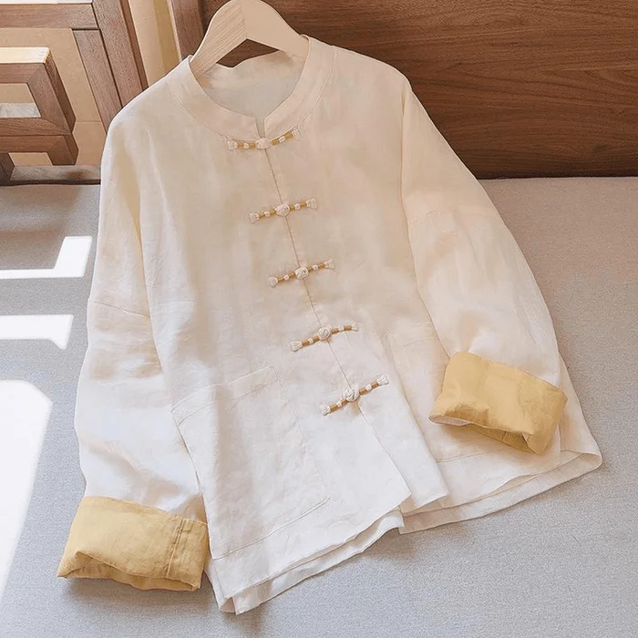 Chinese Style Cotton and Linen Knot Button Loose Cardigan Jacket Tai Chi Suit Beige L