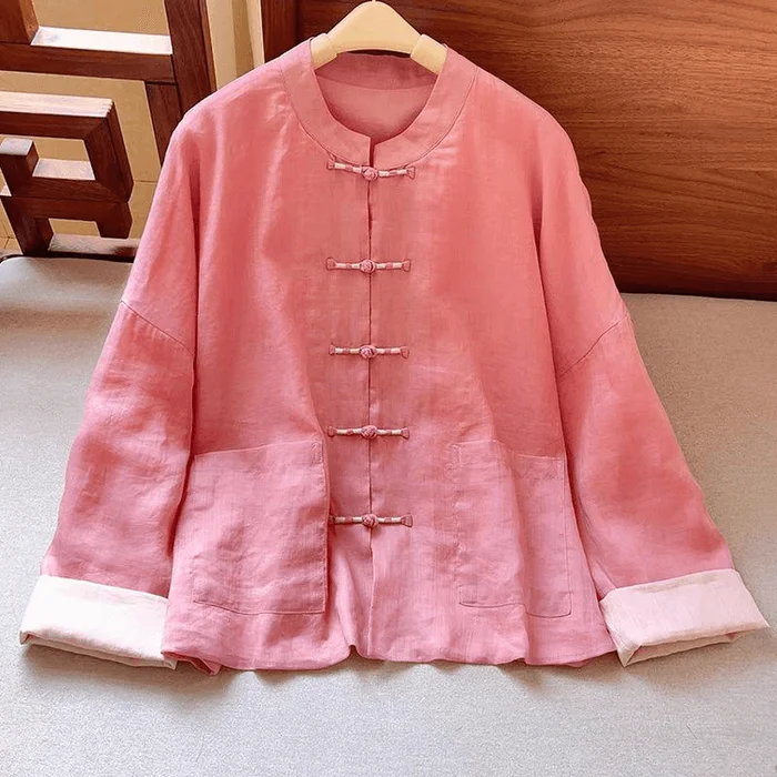 Chinese Style Cotton and Linen Knot Button Loose Cardigan Jacket Tai Chi Suit Pink XL