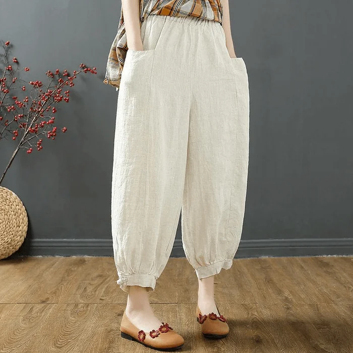 Chinese Style Cotton and Linen Loose Casual Harem Pants Beige M