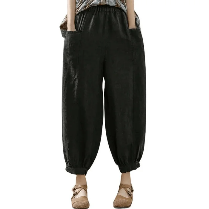Chinese Style Cotton and Linen Loose Casual Harem Pants Black M