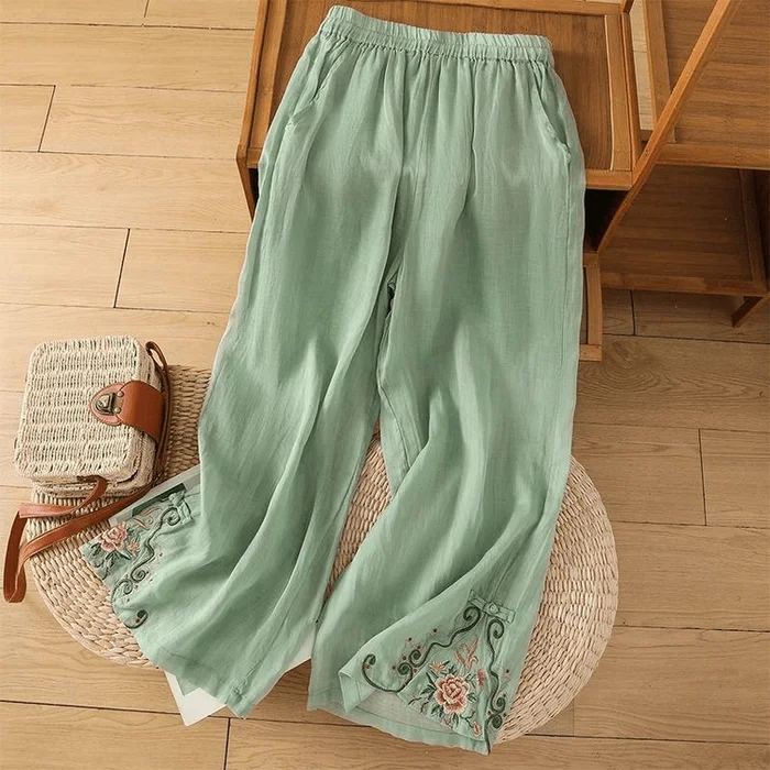 Chinese Style Cotton and Linen Loose Embroidered Casual Wide-leg Pants Green M