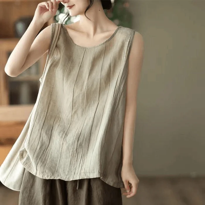 Chinese Style Cotton and Linen Round Neck Loose Tank Tops Grey M