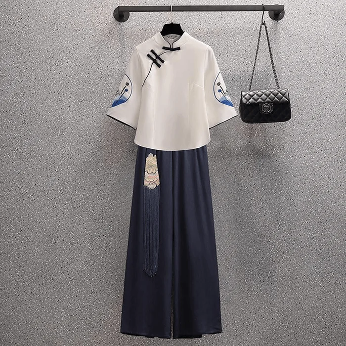 Chinese Style Embroidered Knot Button Cheongsam Hanfu Sets for Women Blue M