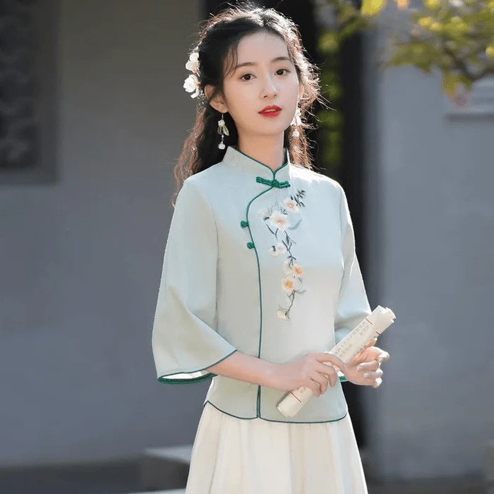 Chinese Style Embroidered Knot Button Cheongsam Tang Suit Top Green M