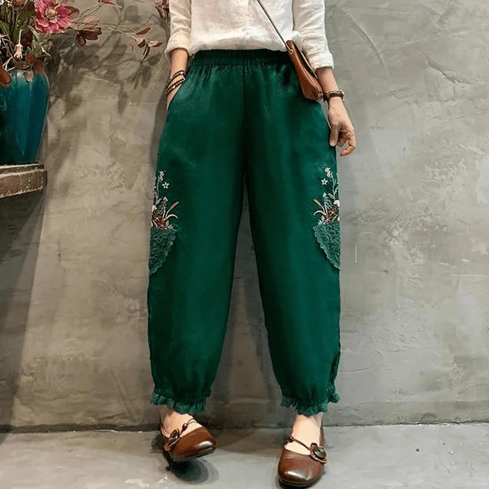 Chinese Style Embroidery Lace Splicing Loose Harem Pants Green L
