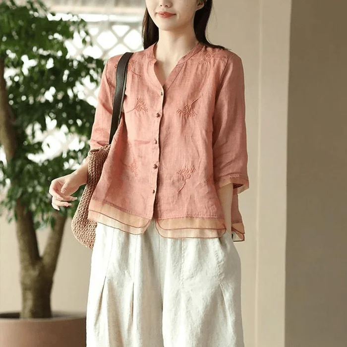 Chinese Style Embroidery V Neck Splicing Half Sleeve Tops Orange M
