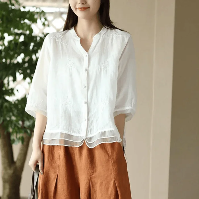 Chinese Style Embroidery V Neck Splicing Half Sleeve Tops White M
