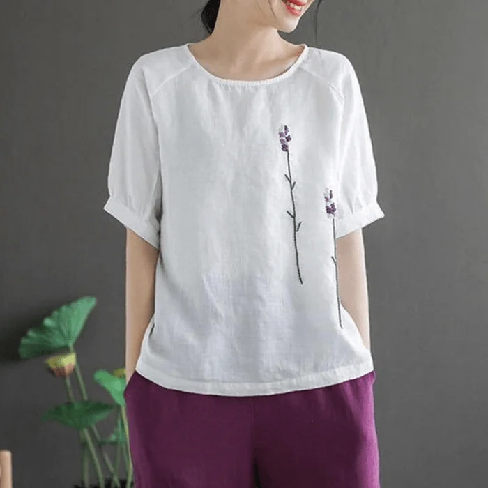 Chinese Style Flower Embroidery Short Sleeve T Shirt Tops White M