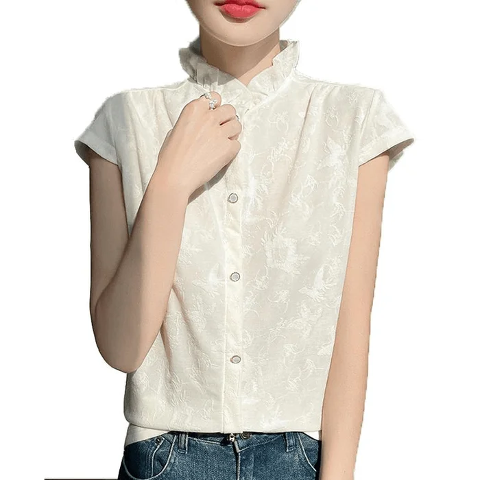 Chinese Style Lace Stand Collar Jacquard Short Sleeve T Shirt Tops Beige M