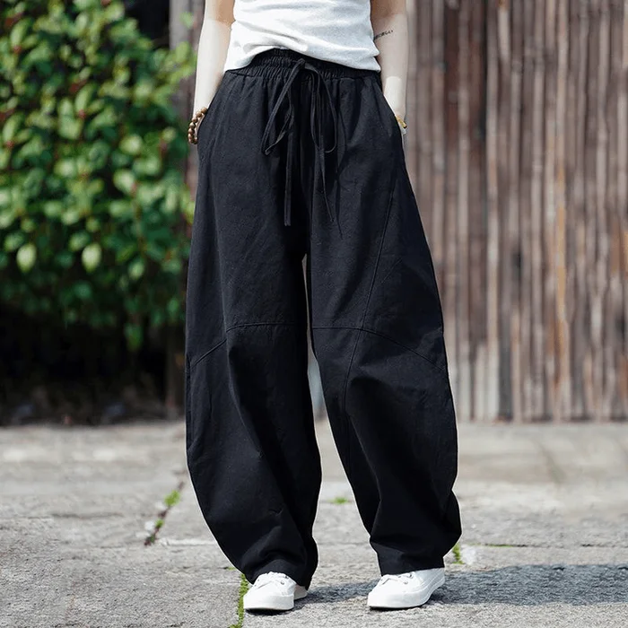 Chinese Style Men's Flax Loose Fit Wide-leg Pants Black M