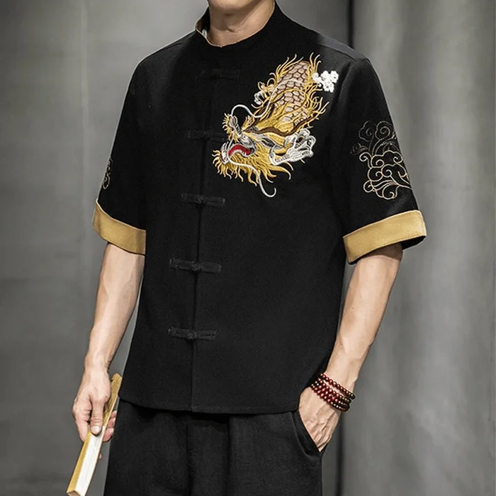 Chinese Style Men's Knot Button Dargon Embroidery Half Sleeve Color Block Blouse Black M