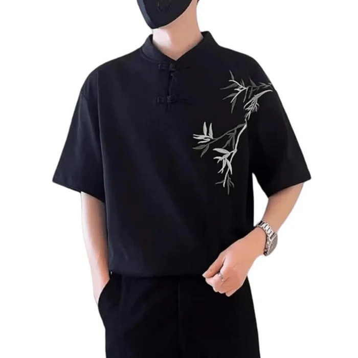 Chinese Style Mens Bamboo Embroidered Half Sleeve Blouse Shirt Black M