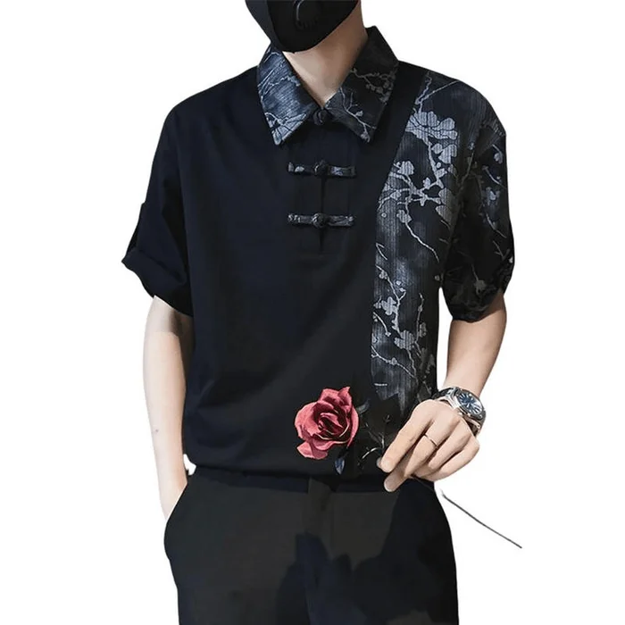 Chinese Style Mens Color Matching Print Retro Button Short Sleeve Blouse Shirt Black M