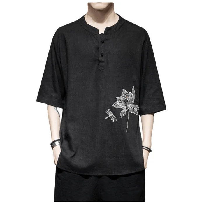 Chinese Style Mens Cotton and Linen Embroidered Loose Tang Suit Shirt Black XL