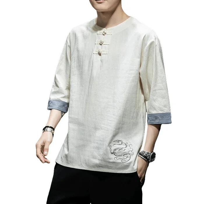 Chinese Style Mens Cotton and Linen Embroidered Loose Tang Suit Shirt T109-Beige M