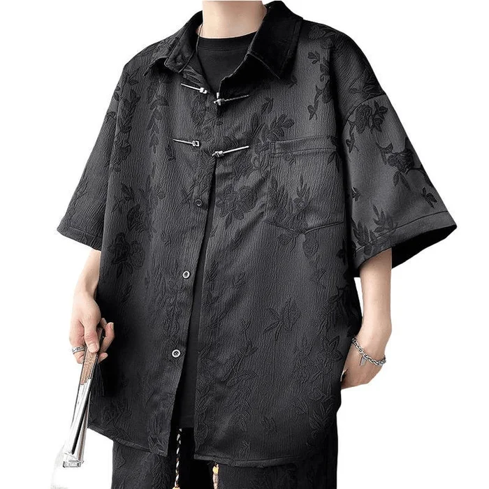 Chinese Style Mens Jacquard Metal Retro Button Pocket Loose Shirt for Men Black M