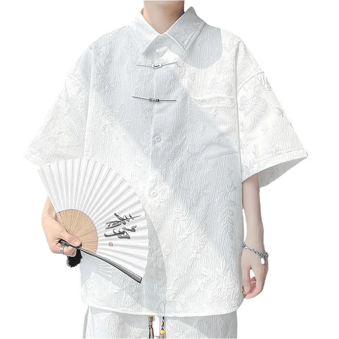 Chinese Style Mens Jacquard Metal Retro Button Pocket Loose Shirt for Men White M