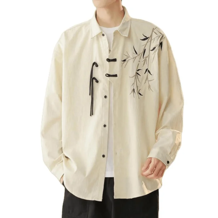Chinese Style Mens Long Sleeve Embroidered Retro Button Blouse Shirt Beige XL