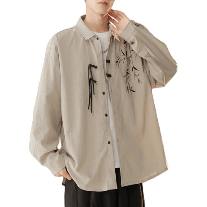 Chinese Style Mens Long Sleeve Embroidered Retro Button Blouse Shirt Grey M