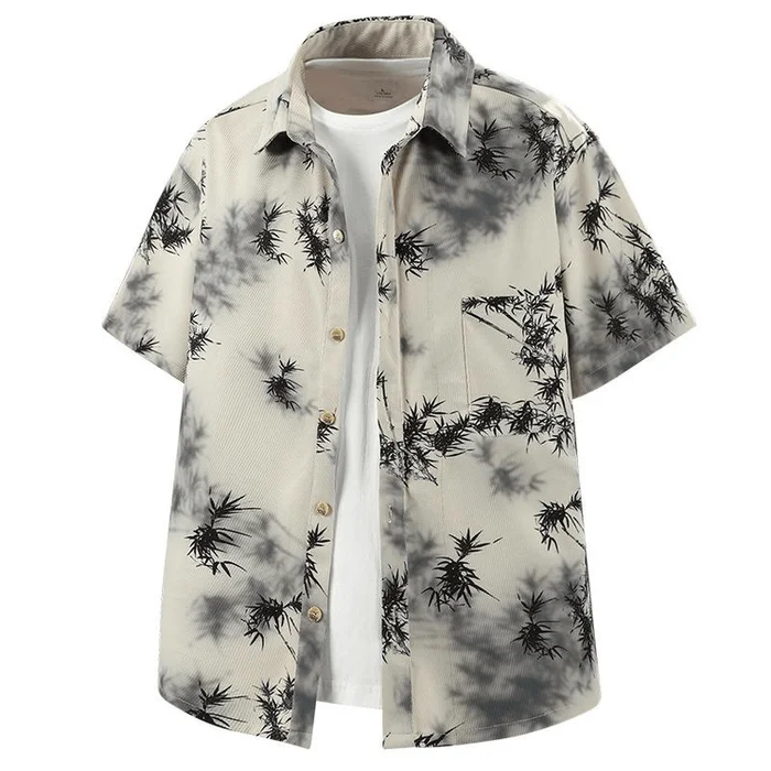 Chinese Style Mens Summer Plus Loose Bamboo Print Short Sleeve T Shirt Blouse 4XL