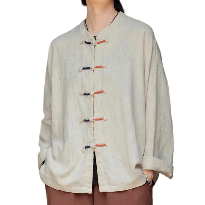 Chinese Style Ramie Vintage Color Matching Retro Buttons Jacket Shirt Beige Onesize