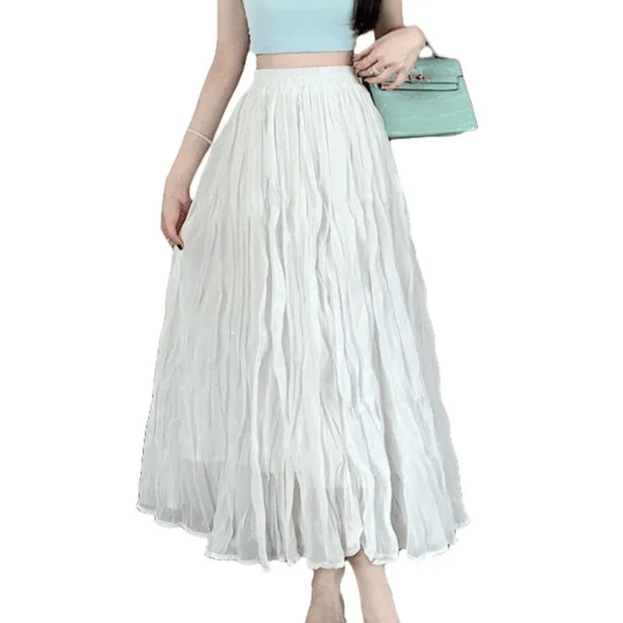 Chinese Style Retro Pleated Mid-length Skirt for Women White M