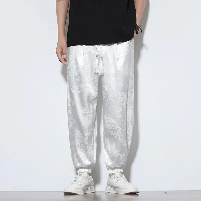 Chinese Style Satin Dargon Print Loose Cuffed Pants for Men White L