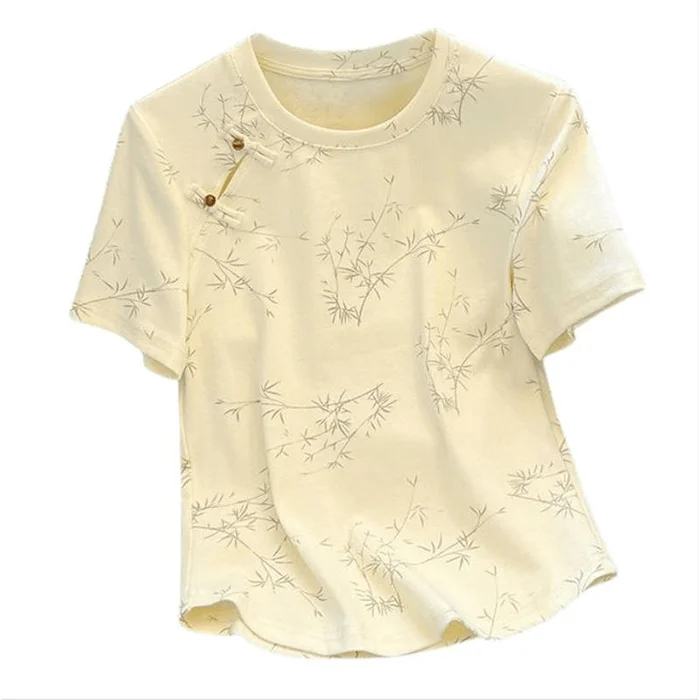 Chinese Style Short Sleeve Retro Button Print T Shirt Tops Beige M