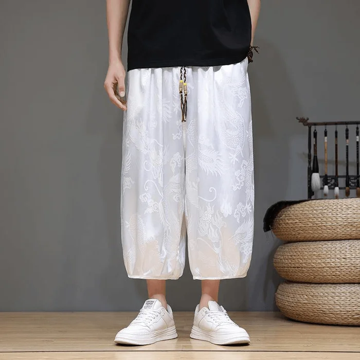 Chinese Style Silk Dargon Jacquard Loose Harem Pants White M