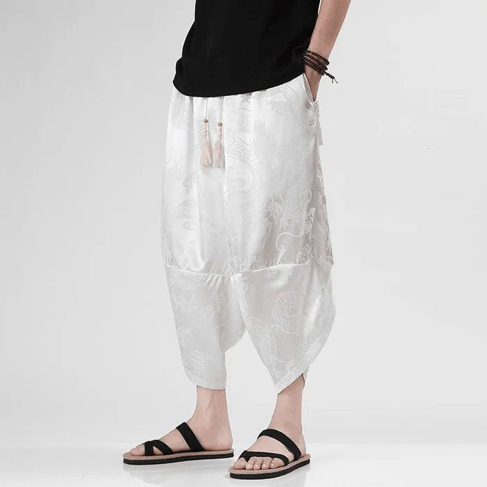Chinese Style Silk Dargon Print Loose Cropped Pants for Men White M