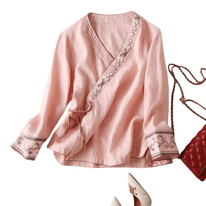 Chinese Style Slant Knot Embroidery V Neck Loose Hanfu Tops Pink M