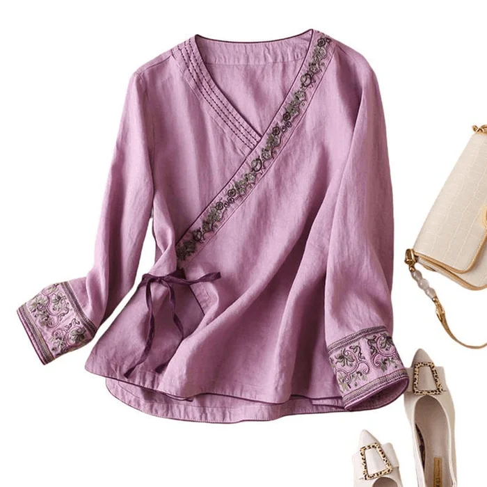 Chinese Style Slant Knot Embroidery V Neck Loose Hanfu Tops Purple M