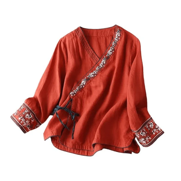 Chinese Style Slant Knot Embroidery V Neck Loose Hanfu Tops Red M
