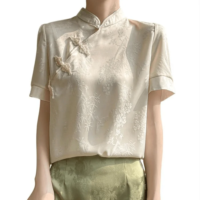 Chinese Style Stain Retro Button Stand Collar T Shirt Tops Champagne 2XL