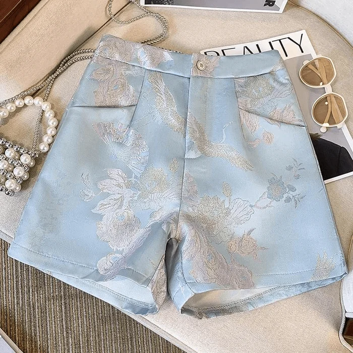 Chinese Style Stain Vintage Embroidered Shorts for Women 2XL
